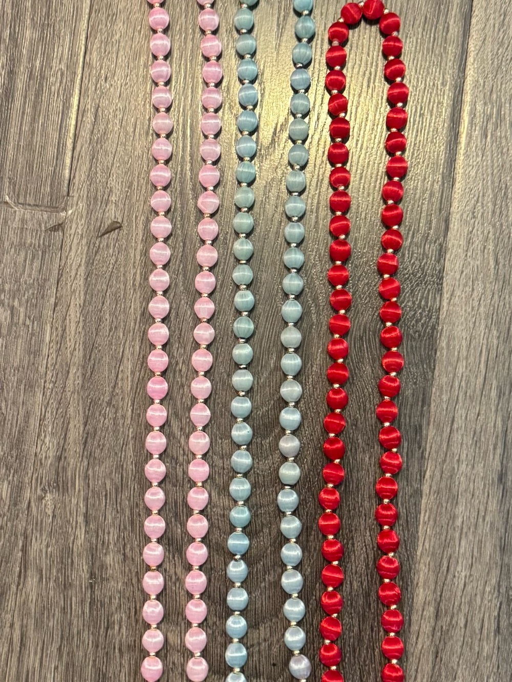 Vintage Cat’s Eye Fiber Optic Glass bead strand necklace set of 3 pink,blue,red